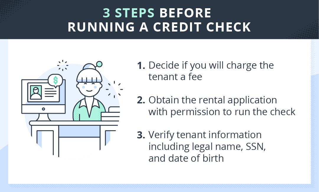 3 steps before running a tenant credit check: 1) Decide if you'll charge the tenant a fee 2) Get permission to run the check along with the rental application 3) Verify the applicant's information (including legal name, SSN, and date of birth)