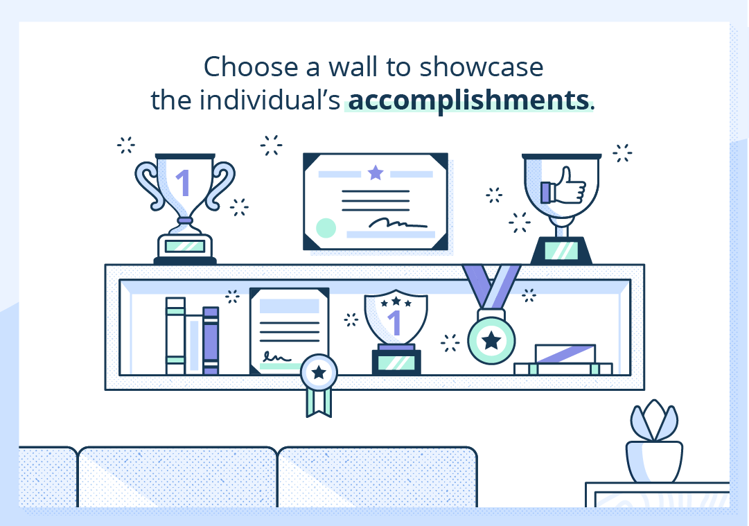 Illustration of a wall with a shelf filled with awards and trophies. 