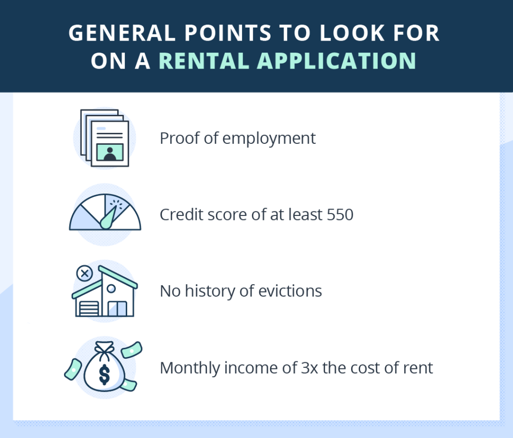 Points to look for on a rental application: proof of employment, a credit score of at least 550, no history of evictions, and monthly income 3x the amount of rent.