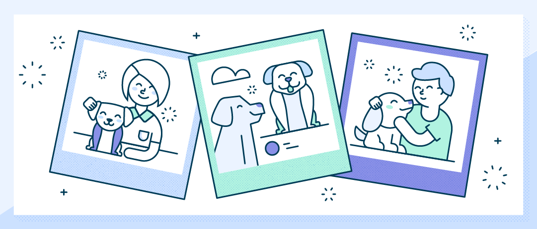 Illustrated examples of dog pictures (a happy dog with its owner, two dogs under a cloud sharing a ball, and a happy dog with a child) to build your pet resume.
