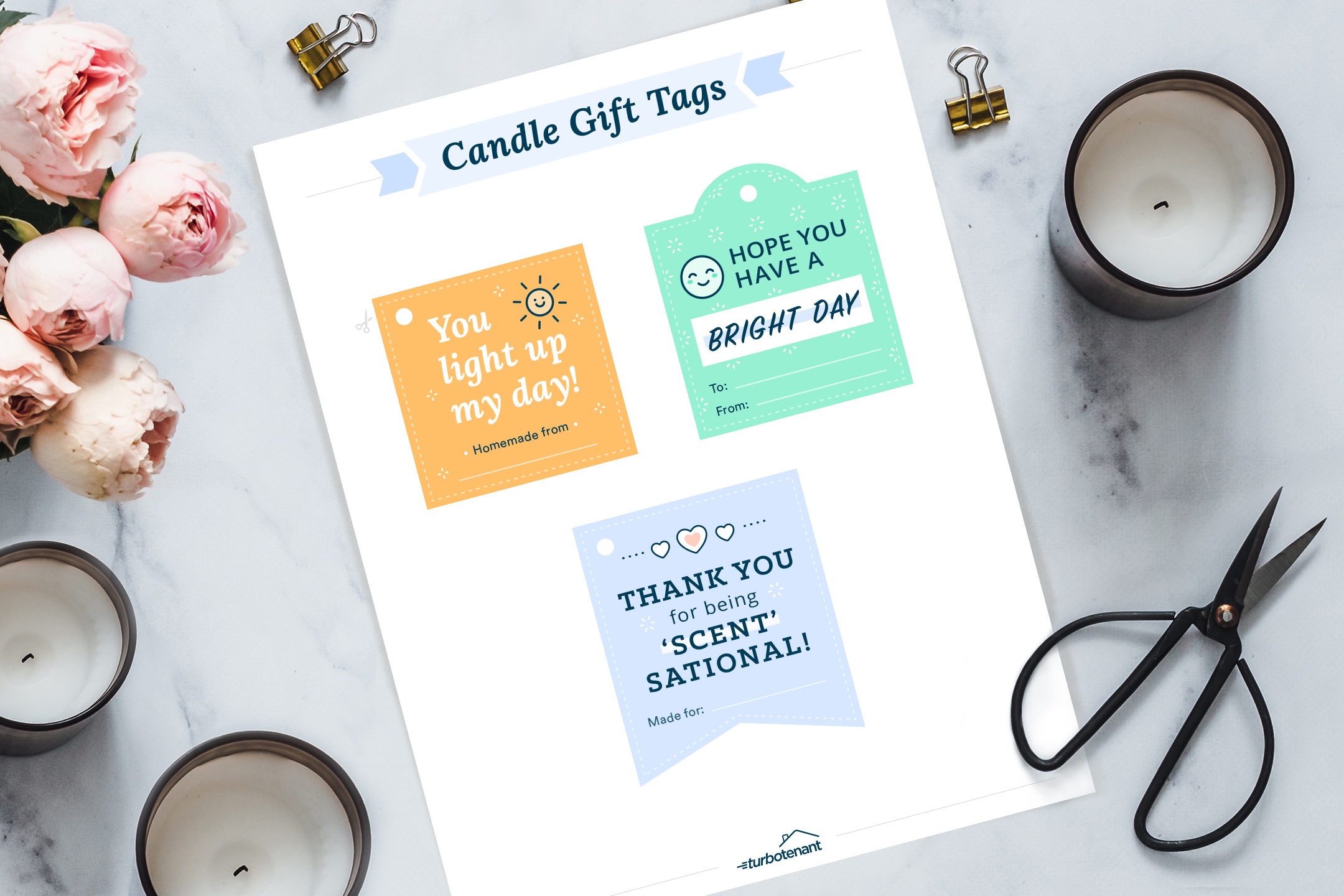 candle gift tags on white background