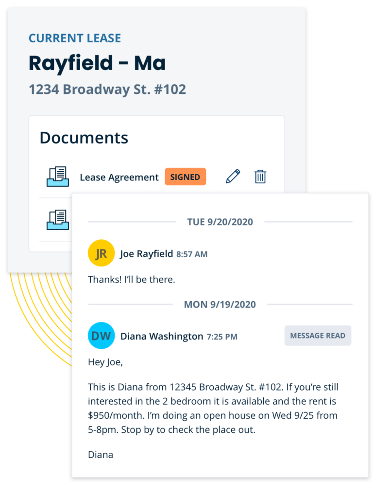 shows lease documents and messaging screenshot