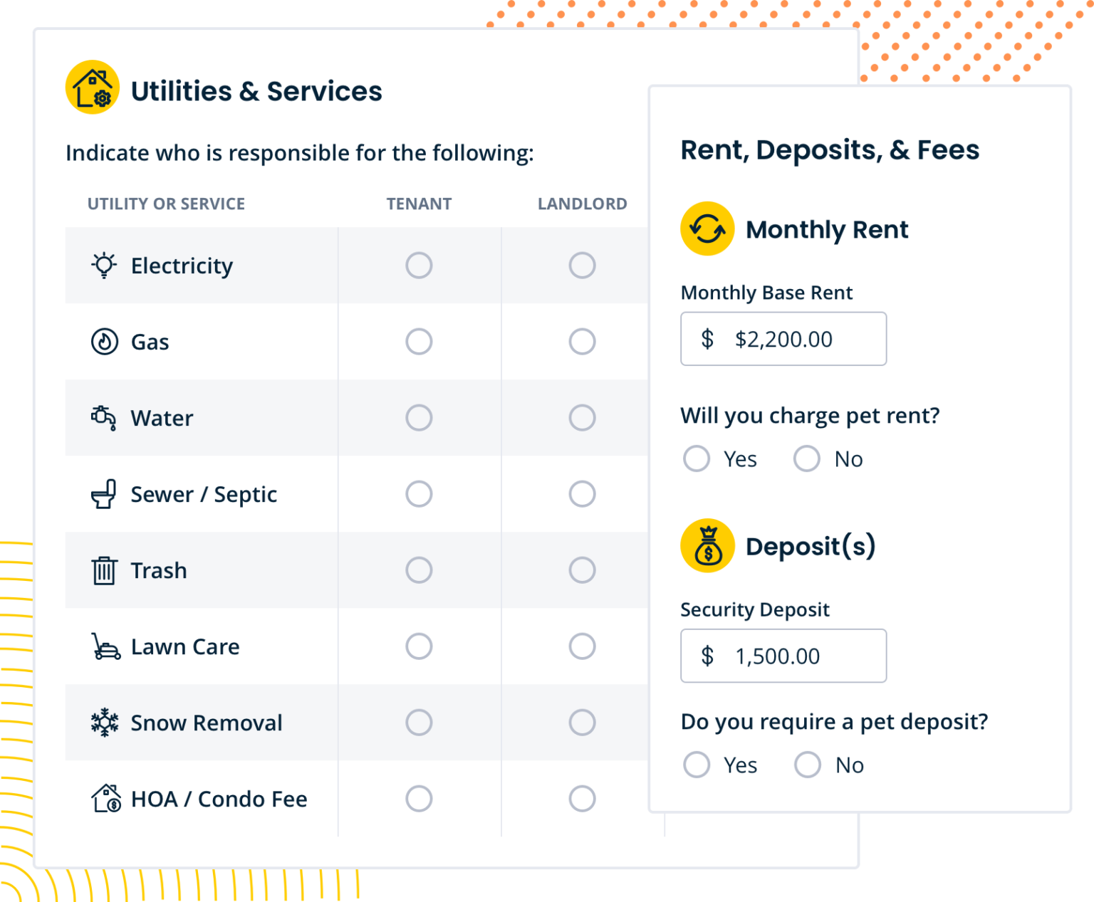 screenshot of lease agreement forms for utilities and services and rent, deposit, and fees