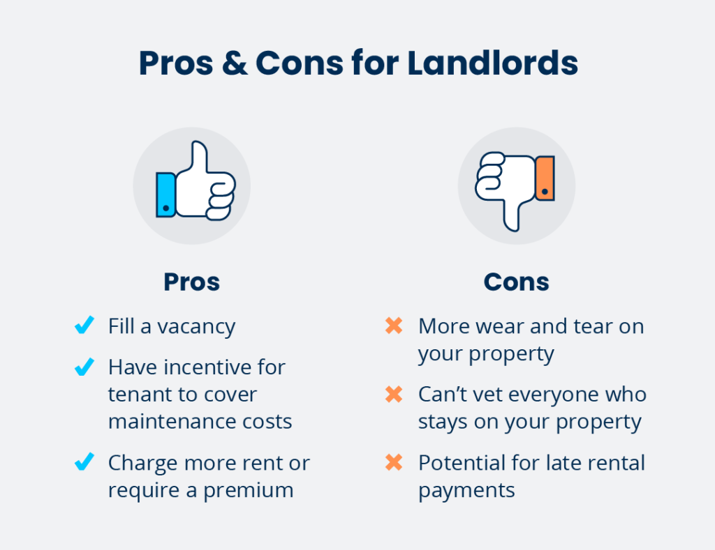 The pros and cons of rental arbitrage for landlords include - Pros: It fills a vacancy, incentivizes the tenant to cover maintenance costs, allows you to charge more rent or require a premium. Cons: more wear and tear on your property, can't vet everyone who stays in your unit, and there's the potential for late rental payments