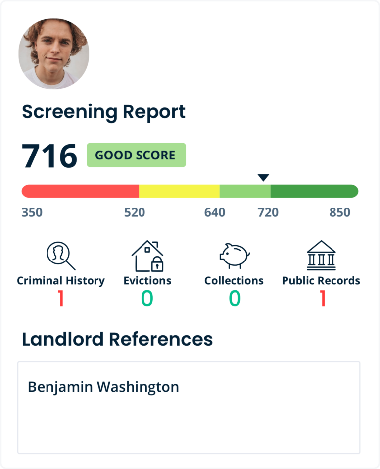 Tenant screening (criminal history, evictions, collections, public records, landlord references)
