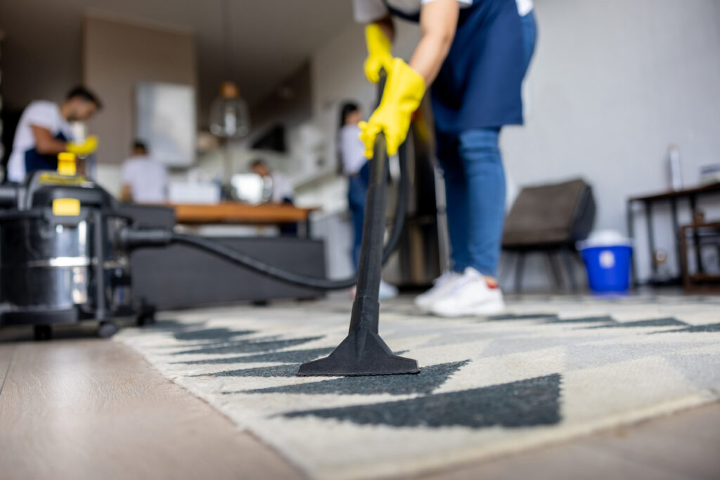 Professional cleaner vacuuming a carpet