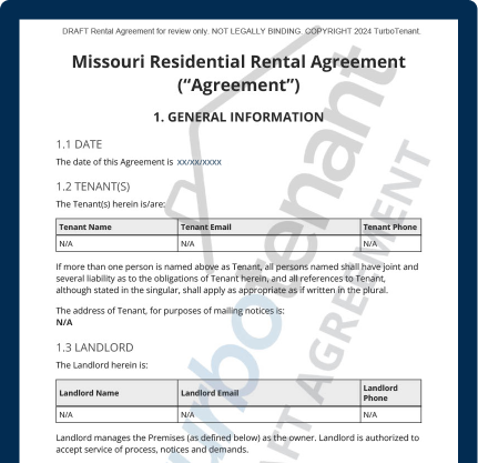 Watermarked Missouri Lease Agreement for use with fixed-term, month-to-month, and room rental agreements