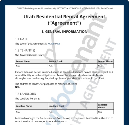 Watermarked sample of a TurboTenant Utah residential lease agreement