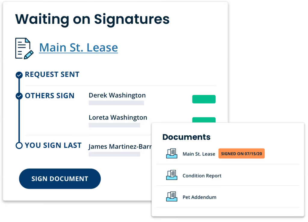 Digital renter documents with corresponding list of e-signatures for landlords with small businesses