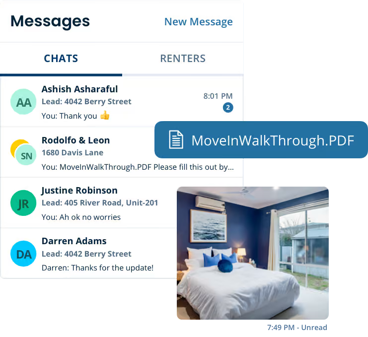 Messaging portal between renters and property managers with chat history and uploaded property photo attachments